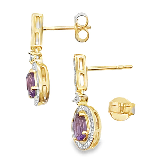 Pendientes Colgantes de Amatista y Diamantes de .93ct en Oro Amarillo de 10KT