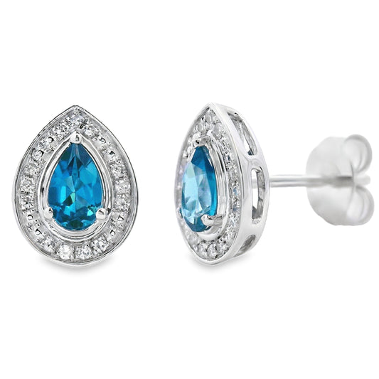 Pendientes de tuerca de oro blanco de 10 quilates con topacio azul de Londres y diamantes