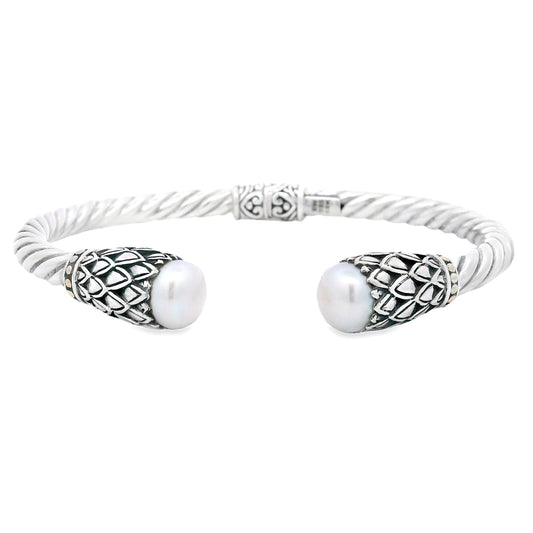 Brazalete rígido de perlas en plata de ley y oro de 18 quilates