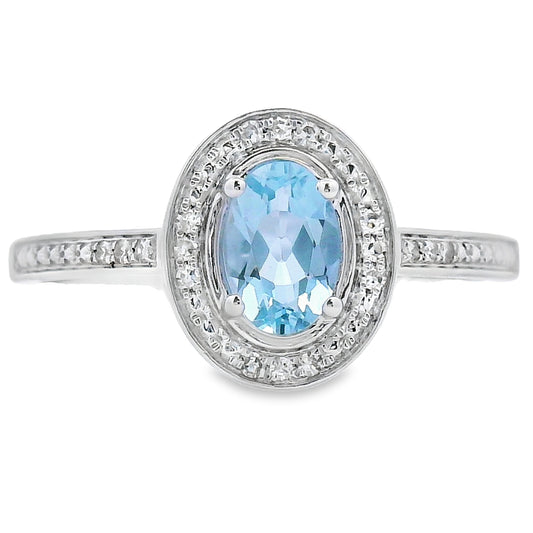 Anillo de aguamarina y diamantes de .40ct naturales de oro blanco de 10KT