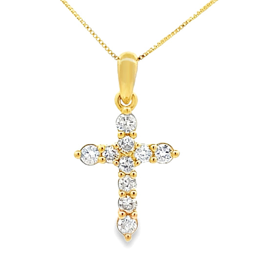 Colgante Religioso de Cruz con Diamante de .23 ct en Oro Amarillo de 14K