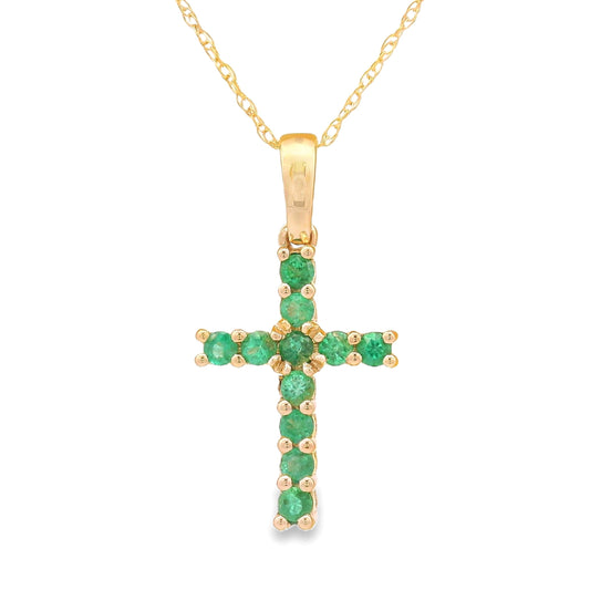 Colgante religioso con cruz de esmeralda de 0,20 qt en oro amarillo de 14 kt
