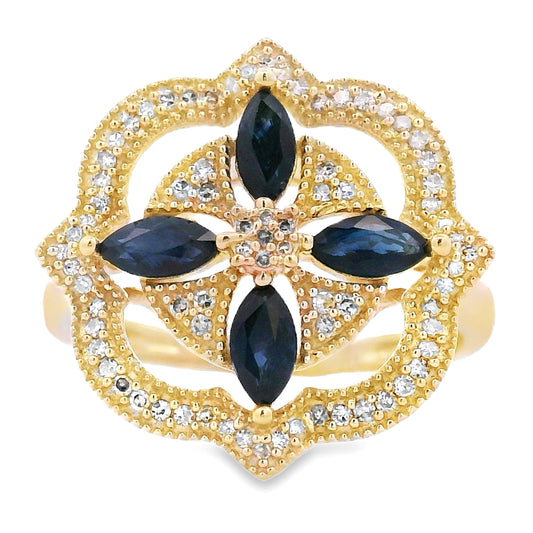 Anillo de zafiro y diamantes auténticos de .88ct en oro amarillo de 14kt
