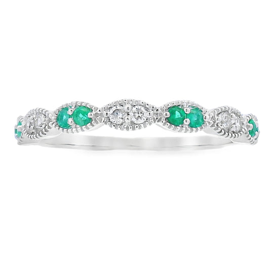 Juego de anillos apilables de oro blanco de 14K con esmeraldas y diamantes