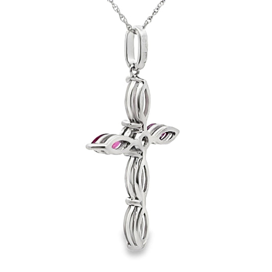 Colgante religioso de cruz con rubíes y diamantes de oro blanco de 10 quilates