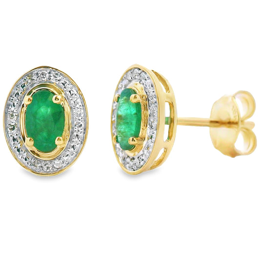 Pendientes de oro amarillo de 10 qt con diamantes y esmeraldas de 0,38 ct