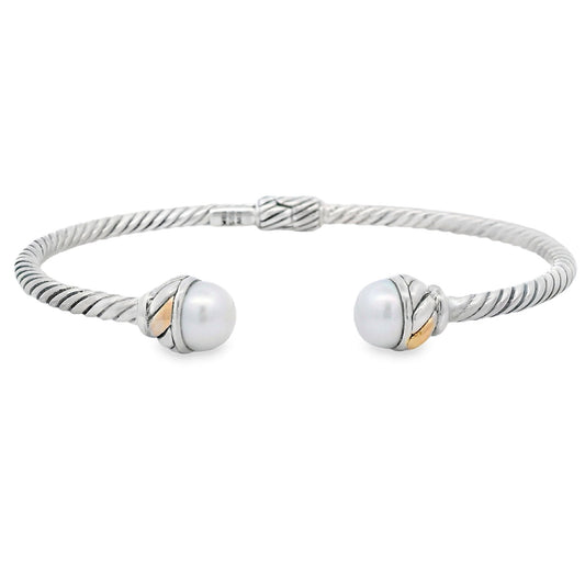 Brazalete rígido de perlas en plata de ley y oro de 18 quilates