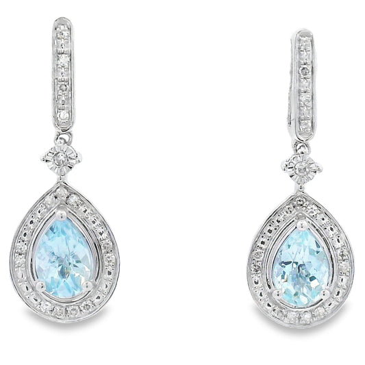 Pendientes Colgantes de Aguamarina y Diamantes Oro Blanco de 10KT