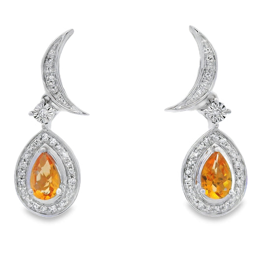 Pendientes colgantes de citrino y diamantes de .48 ct en oro blanco de 10 kt