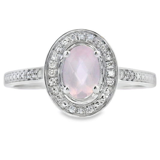 Anillo de cuarzo rosa y diamante de .44ct en oro blanco de 10kt