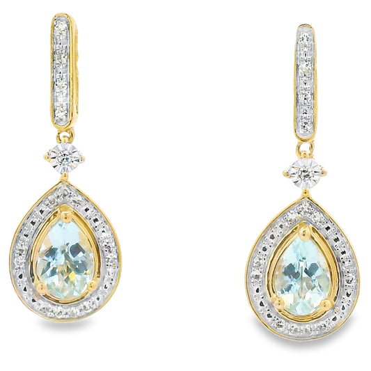 Pendientes colgantes de aguamarina y diamantes de oro amarillo de 10 quilates