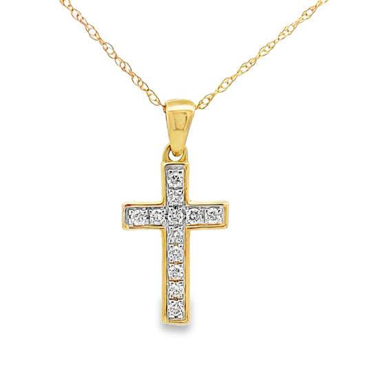 Colgante religioso de cruz con diamante de .12ct en oro amarillo de 14K