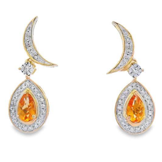 Pendientes colgantes de citrino y diamantes de 0,48 qt en oro amarillo de 10 qt
