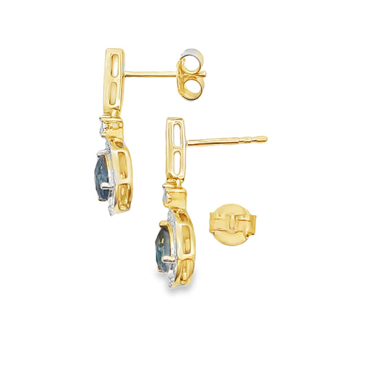 Pendientes colgantes de topacio azul de Londres de oro amarillo de 10 KT