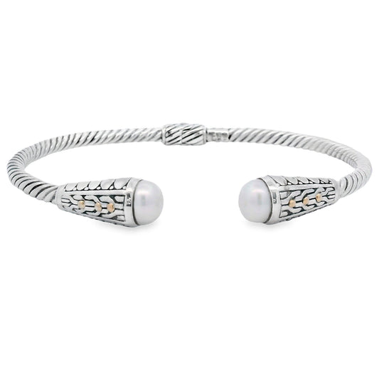 Brazalete rígido de perlas en plata de ley y oro de 18 quilates