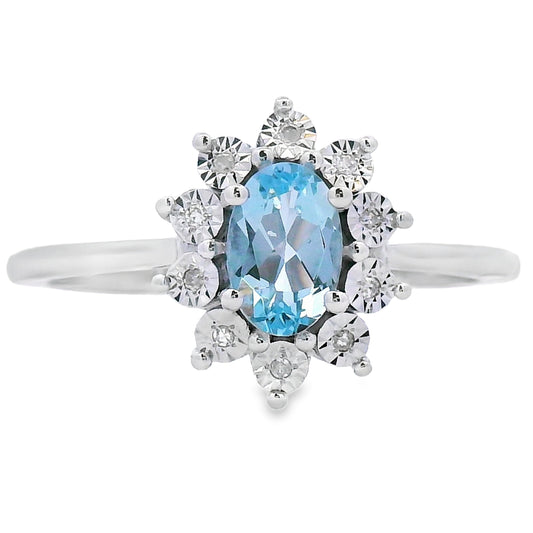 Anillo de Aguamarina y Diamantes de .43 ct en Oro Blanco de 10 kt