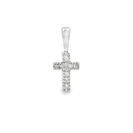 Colgante de cruz religiosa con diamante de 0,03 ct en oro blanco de 10 kt