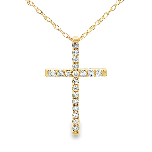 Colgante de cruz religiosa con diamante de .11 ct en oro amarillo de 14 kt