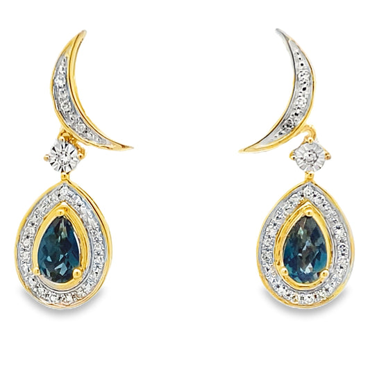Pendientes colgantes de topacio azul de Londres de oro amarillo de 10 KT