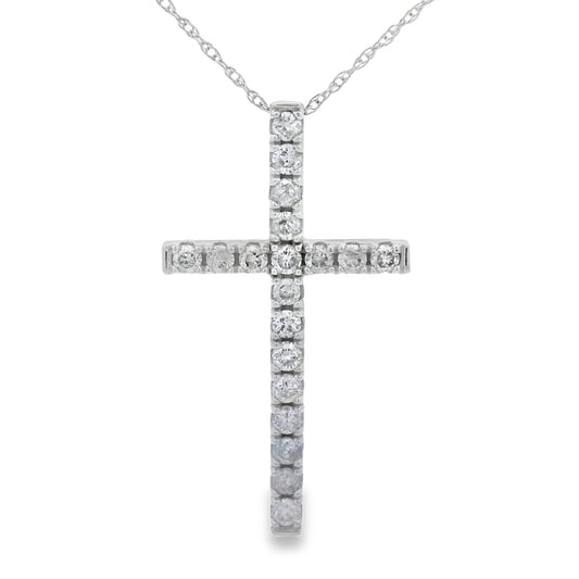 Colgante religioso de cruz con diamante de .50ct, oro blanco de 14KT