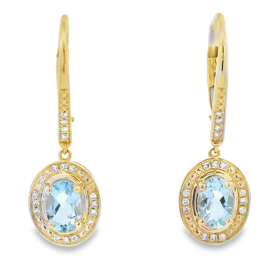 Pendientes colgantes de aguamarina y diamantes de oro amarillo de 10 quilates
