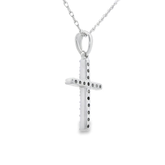 Colgante de cruz religiosa con diamante de 0,10 ct en oro blanco de 14 kt