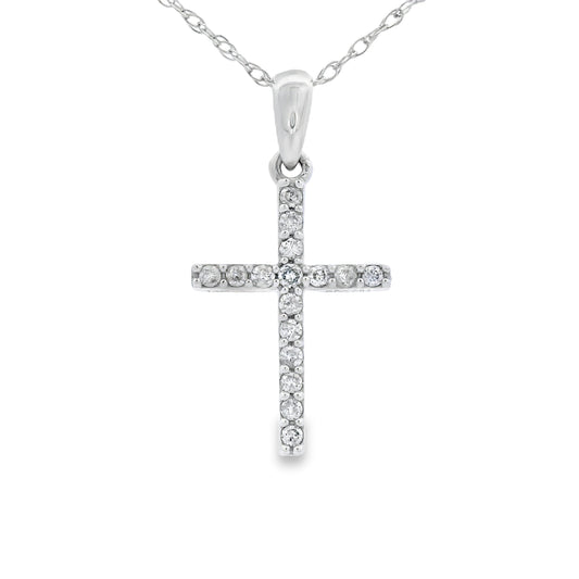 Colgante de cruz religiosa con diamante de 0,10 ct en oro blanco de 14 kt