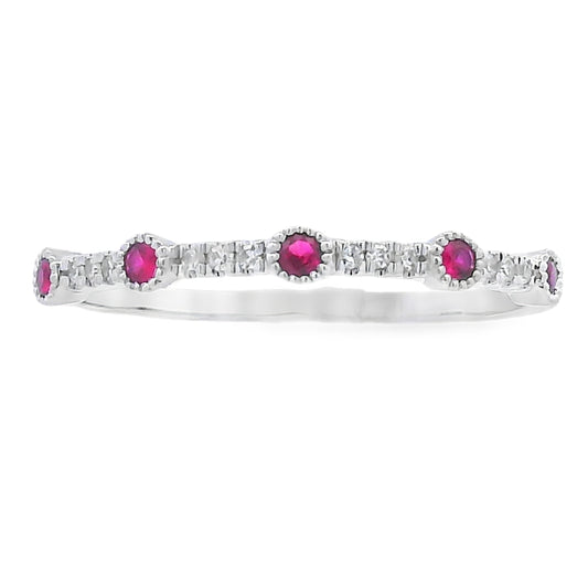 Anillo apilable de diamantes y rubíes de .16ct, oro blanco de 14kt