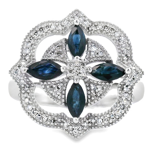 Anillo de zafiro y diamante de .88 qt en oro blanco de 14 kt