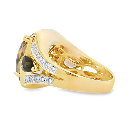 Anillo de Cuarzo y Diamantes de .50ct Natural en Oro Amarillo de 14KT