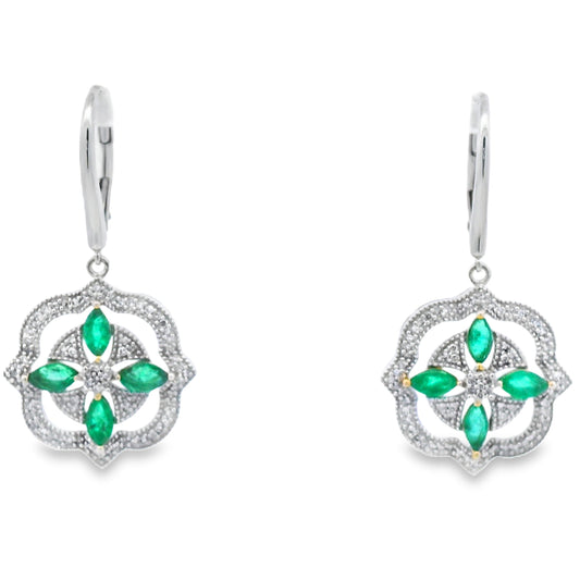 Pendientes colgantes de diamantes y esmeraldas de 1.44 ct en oro blanco de 14 kt