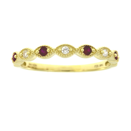 Anillo de boda de oro amarillo de 14 quilates con diamantes y rubíes de 0,15 ct