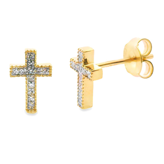 Pendientes de cruz de oro amarillo de 10 quilates con diamante natural de 0,09 quilates