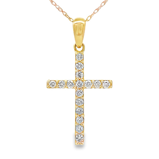 Colgante de cruz religiosa de oro amarillo de 14 quilates con diamante de 0,30 ct
