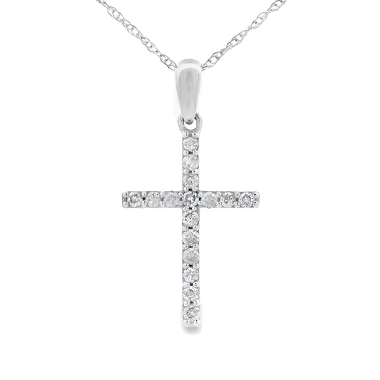 Colgante religioso de cruz con diamante de .13 ct en oro blanco de 14 kt