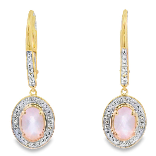 Pendientes Colgantes de Cuarzo Rosa y Diamantes Oro Amarillo de 10KT