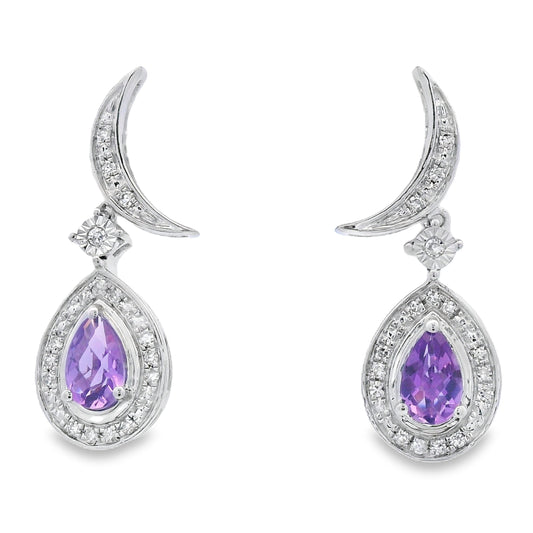 Pendientes colgantes de amatista y diamante de 0,48 ct de oro blanco de 10 KT