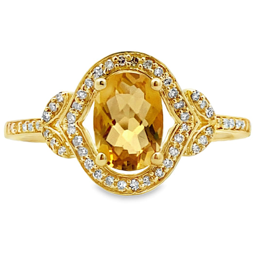 Anillo de Citrino y Diamante natural de .58ct en Oro Amarillo de 14K
