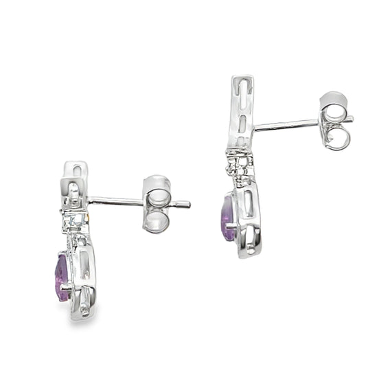 Pendientes colgantes de amatista y diamante de 0,48 ct de oro blanco de 10 KT