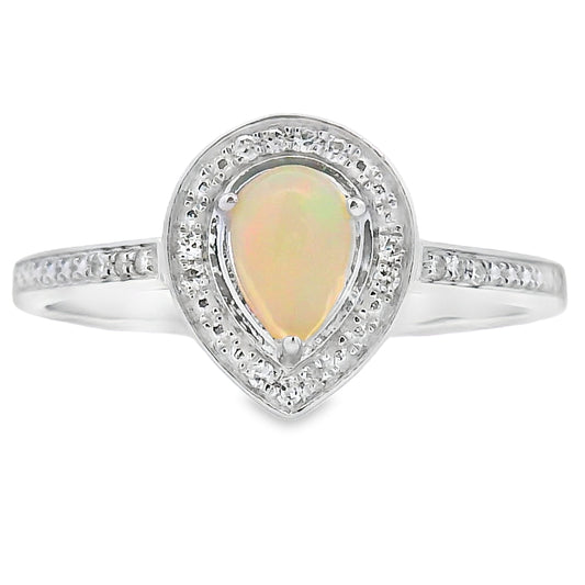 Anillo de ópalo y diamantes de .30 ct en oro blanco de 10 kt