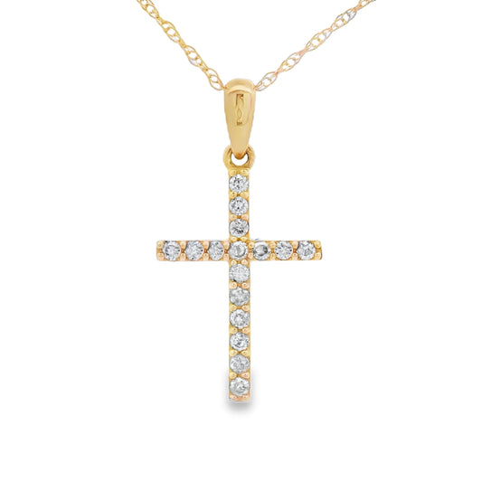 Colgante religioso de cruz con diamantes de .13 ct en oro amarillo de 14 K
