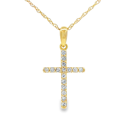 Colgante de cruz religiosa con diamante de .11 ct en oro amarillo de 14 kt