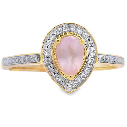 Anillo de oro amarillo de 10 kt con cuarzo rosa y diamantes de 0,44 ct
