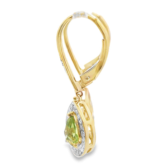 Pendientes colgantes de peridoto y diamante de .96 ct en oro amarillo de 10 kt