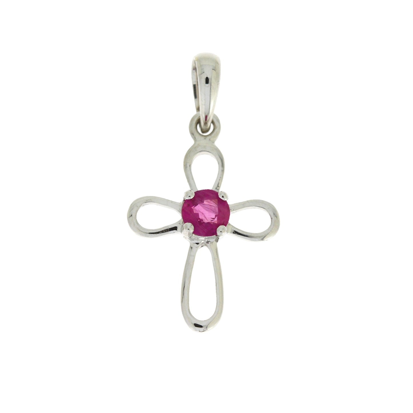 Colgante religioso de cruz con rubí de 0,22 ct en oro blanco de 10 qt
