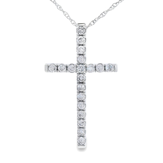 Colgante religioso de cruz con diamante de .24 qt en oro blanco de 14 kt