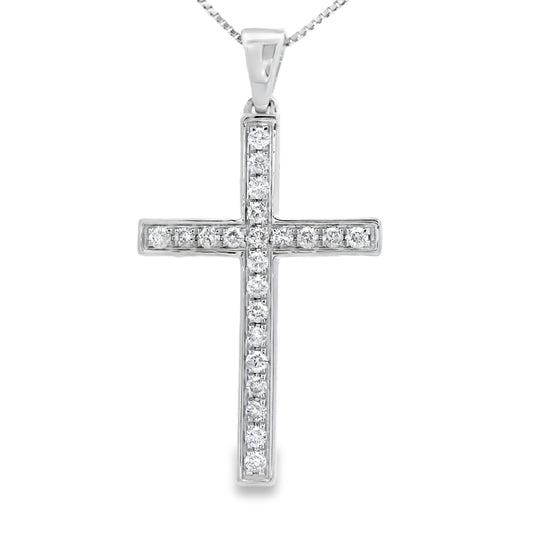 Colgante religioso de cruz de oro blanco de 14 quilates con diamantes de 0,22 quilates