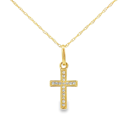 Colgante religioso de cruz con diamante de 0,05 ct en oro amarillo de 14 kt