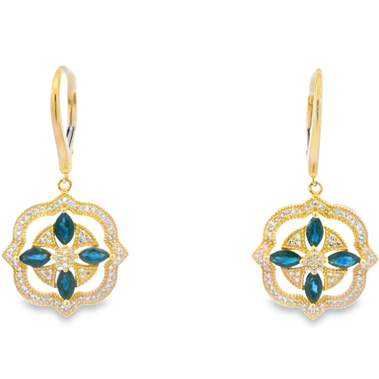Aretes colgantes de zafiro y diamante en oro amarillo de 14 kt