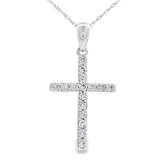 Colgante religioso de cruz con diamante de 0,30 qt en oro blanco de 14 kt